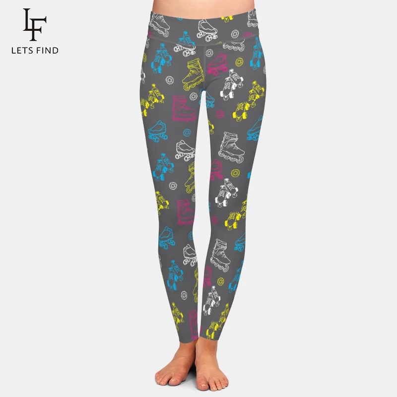 LETSFIND Fashion Women High Waist Leggings Vintage Roller Skate Design Milk Silk Printing  Fitness Leggings