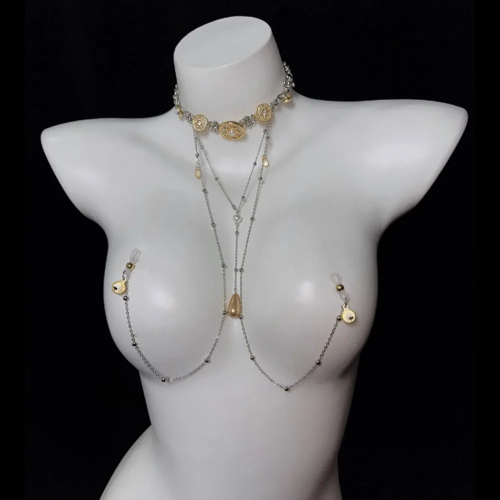 Joyería corporal de estilo palaciego de lujo, abrazaderas para pezones con gargantilla de perlas, fetiche BDSM ajustable, juegos para adultos, Juguetes sexuales para parejas