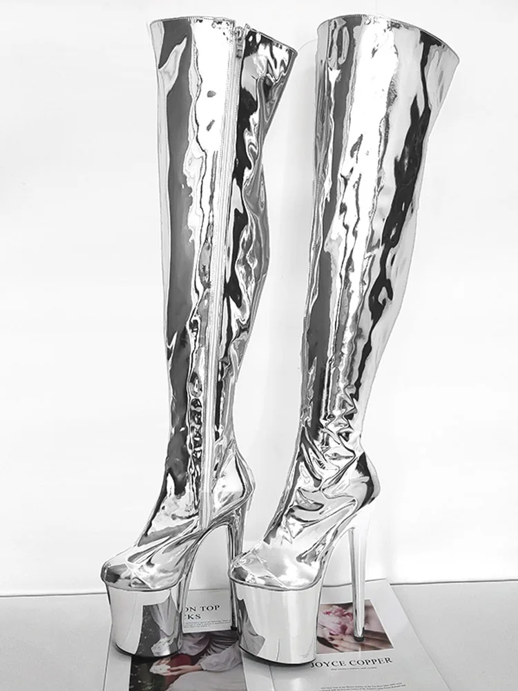 Golden High Heels 8 Inch Exotic over the knee Boots 20cm Pole Dance shoes Sexy Fetish Striper platform Lighter Motorcycle Queen