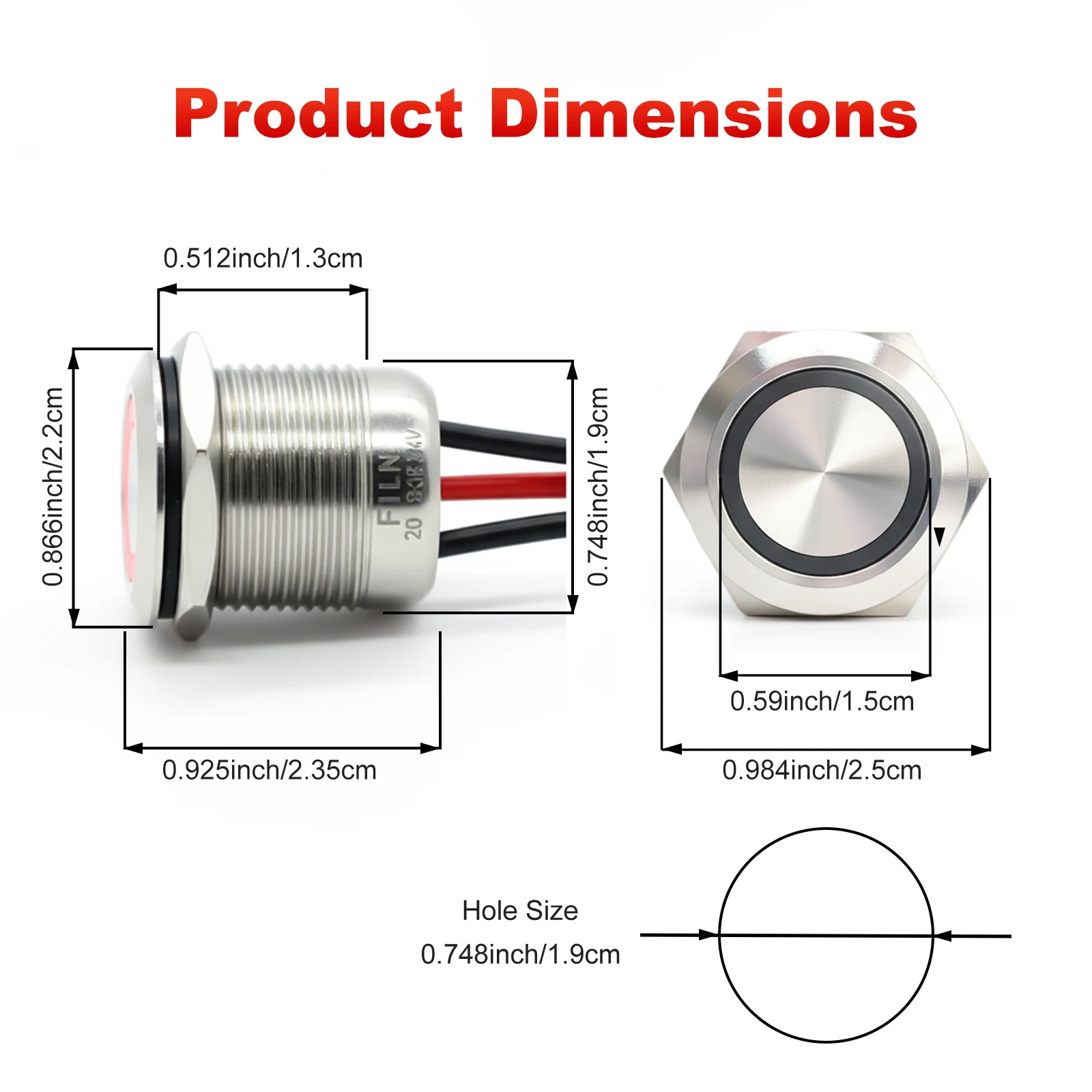 FILN 2 Stück 19mm Drucktastenschalter 20A IP67 Edelstahl Wasserdicht Ersatz für 180 Symbole Einfache Installation Auto-Armaturenbrett & Maschinen – Detail 2
