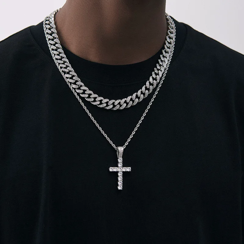 Kristall-Zirkon-Kreuz-Anhänger-Halskette, versilberte, gedrehte Kette, Halsketten für Männer und Frauen
