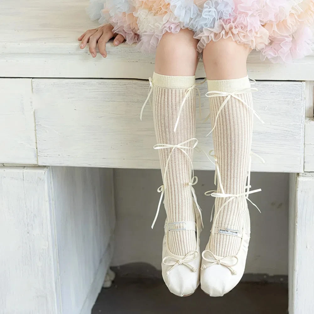 

Solid Color Balletcore Socks Korean Style Autumn&Winter Mid-Tube Hosiery Ribbon Bow Cloth Accessories Thin Stockings Toddle