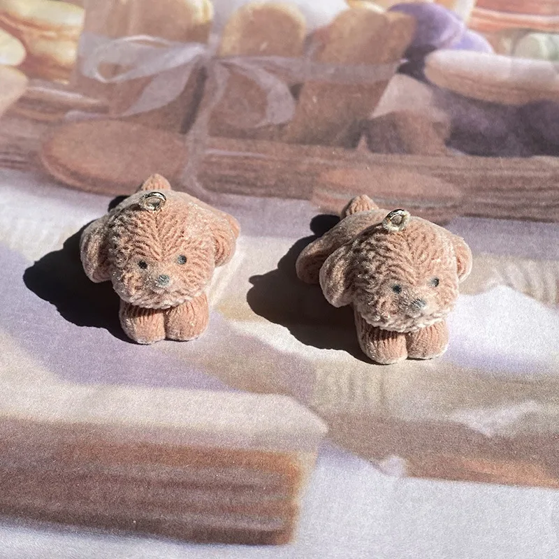 20Pcs 3D Cute Flocked Brown Teddy Dog Charms Cartoon Plush Animal Dog Resin Pendant For Keychain Earring DIY Crafts Jewelry Make