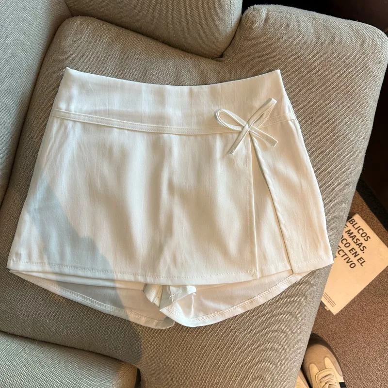 Koreanischer Schleifenrock mit hoher Taille, A-Linie, für Damen, Sommer 2026, Wickelrock mit Schlitz, Shorts, einfarbig, schlankmachender Anzug, Minirock – Detail 8