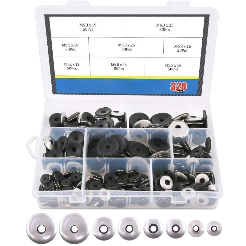 

320Pcs Stainless Steel Neoprene Backed Rubber Bonded Sealing Compound Gaskets Assortment Kit M4 M4.8 M5.5 M6.3 EPDM Washers