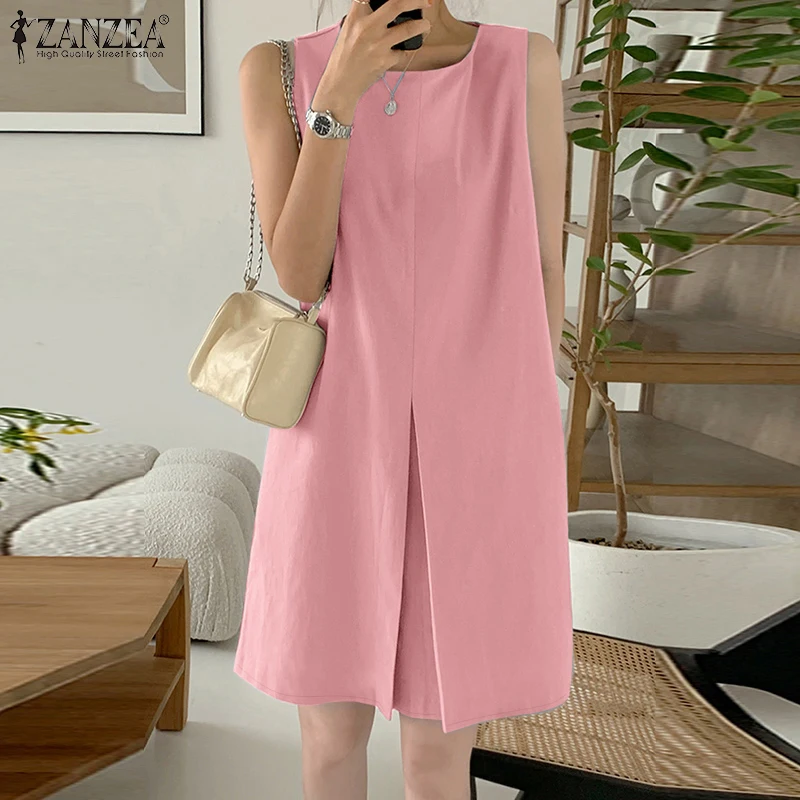 ZANZEA 2026 Summer Sleeveless Mini Dress Women Stylish Casual Holiday Beach Sundress Elegant O-Neck Solid Color Work Dresses