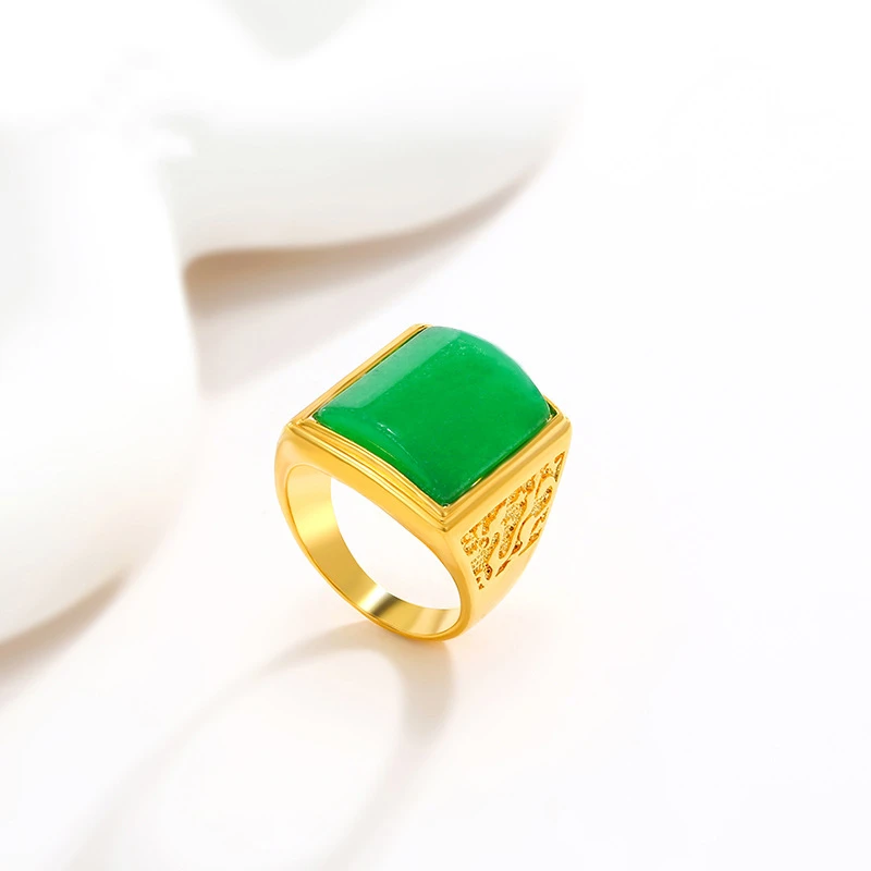 

Light Luxury 999 24K real gold Open Ring trend men's artificial gemstone emerald overbearing ring