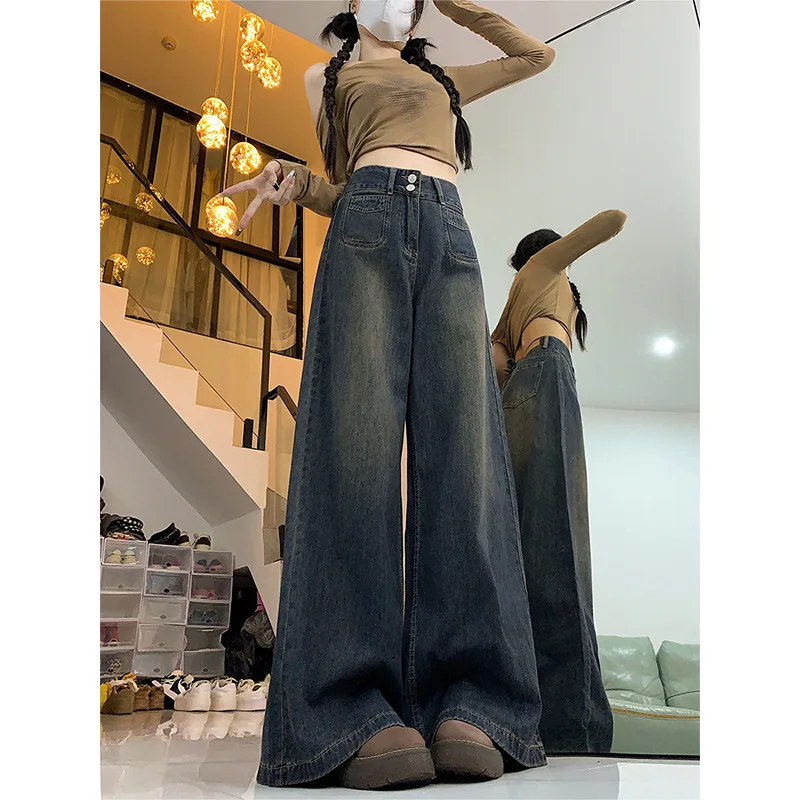 High Waist Wide Leg Fleece Lined Loose Fit Women's Jeans American Style Autumn Winter Washed out Slimming Large Size Floor Le...