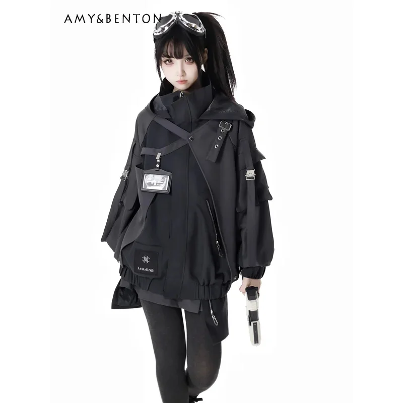 

Gothic Splicing Mechanical Style Sweet Cool Hooded Sets Oversized Zipper Jacket Elastic Waist Casual Trousers Subculture Outfits