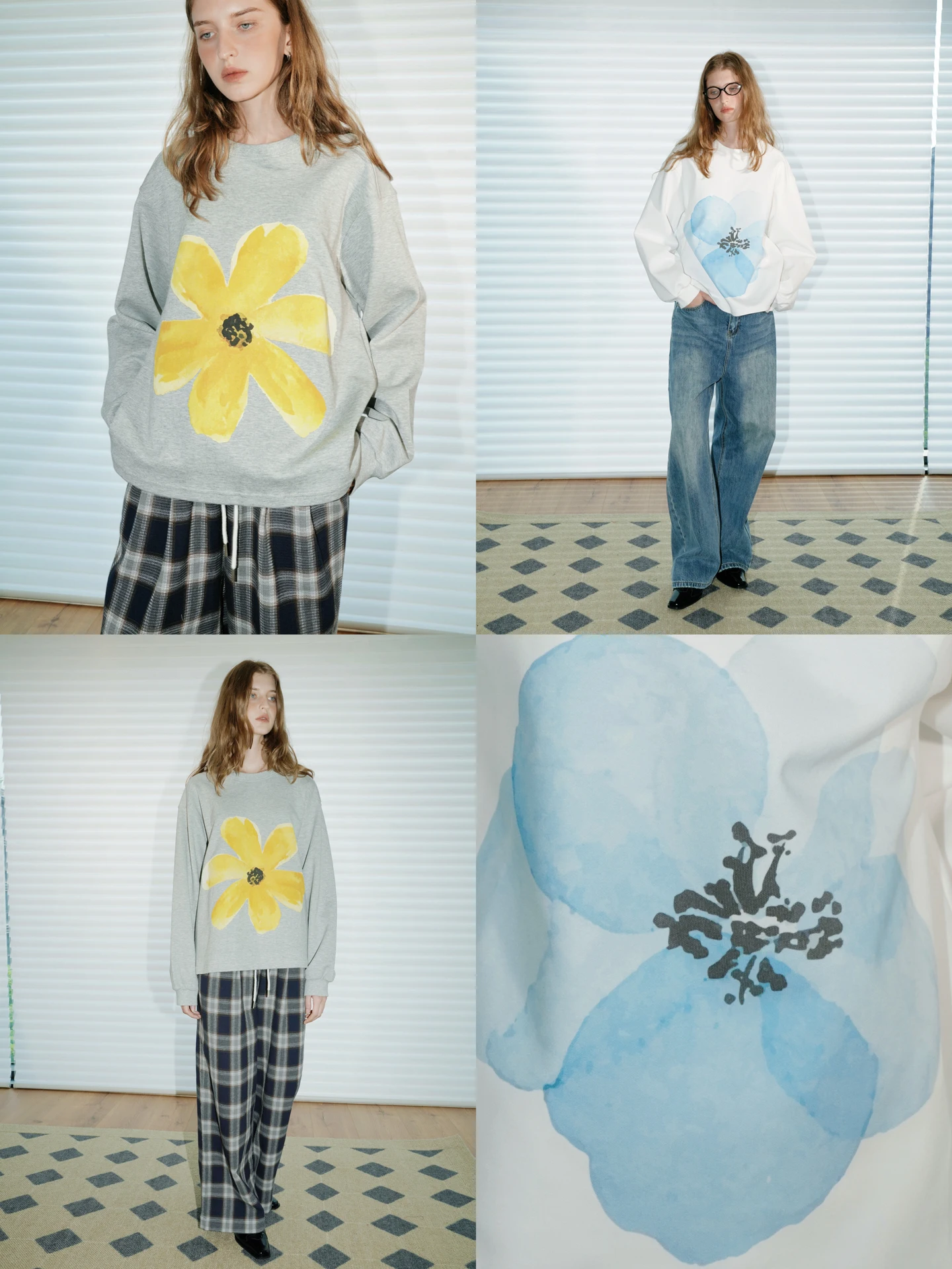 UNNNSAD Double-Sided Cotton Feel Hand-Painted Floral Retro Print round Neck Casual Sweatshirt Women's Loose Fit Long Sleeve