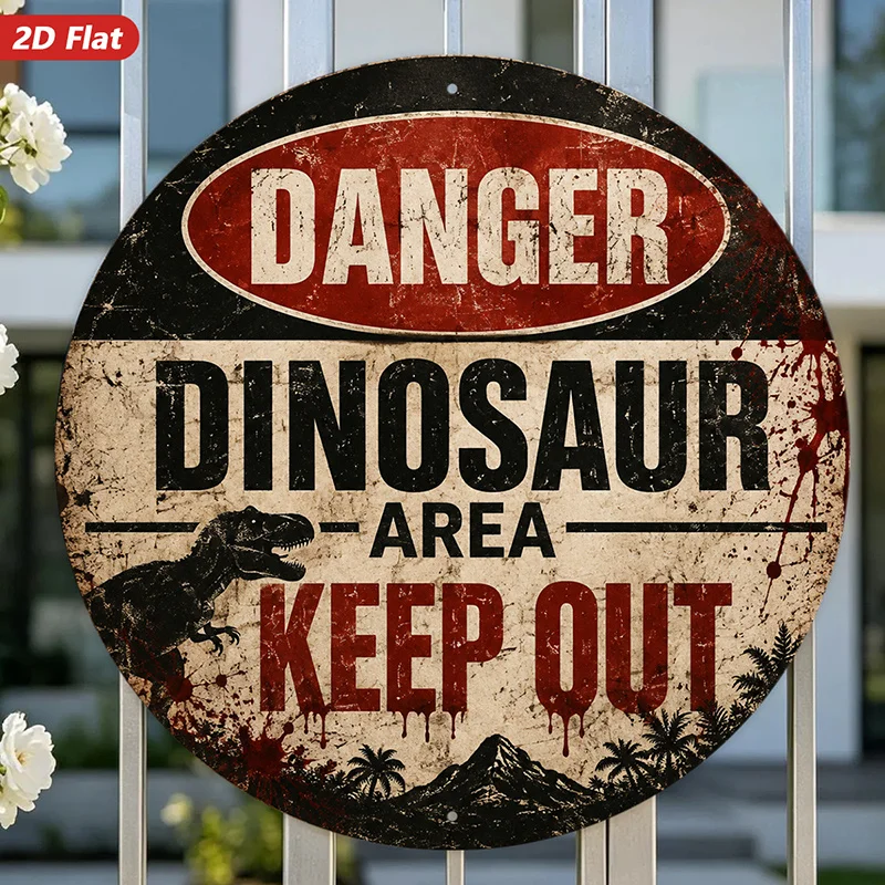 2D Flat, 1pc Jurassic Warning Retro Round Metal Sign Wall Art, Danger Dinosaur Area Text, Keep Out Message, T Rex Silhouette, Ro
