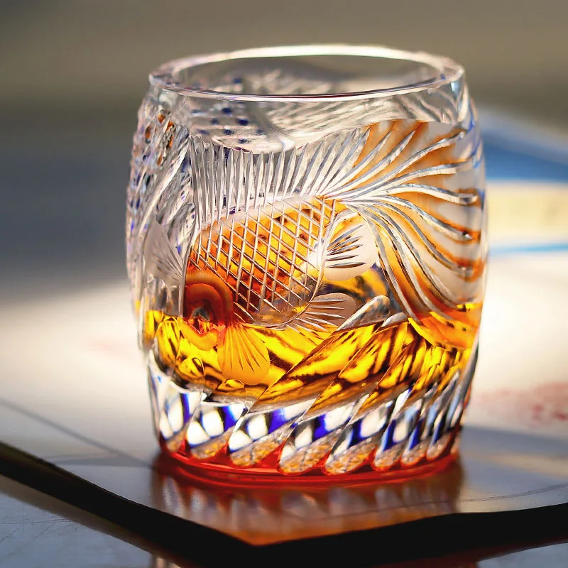 Goldfish Edo Kiriko Whiskey Glass 270ml, Hand Engraved Color Overlay Crystal Tumbler for Whisky Vodka