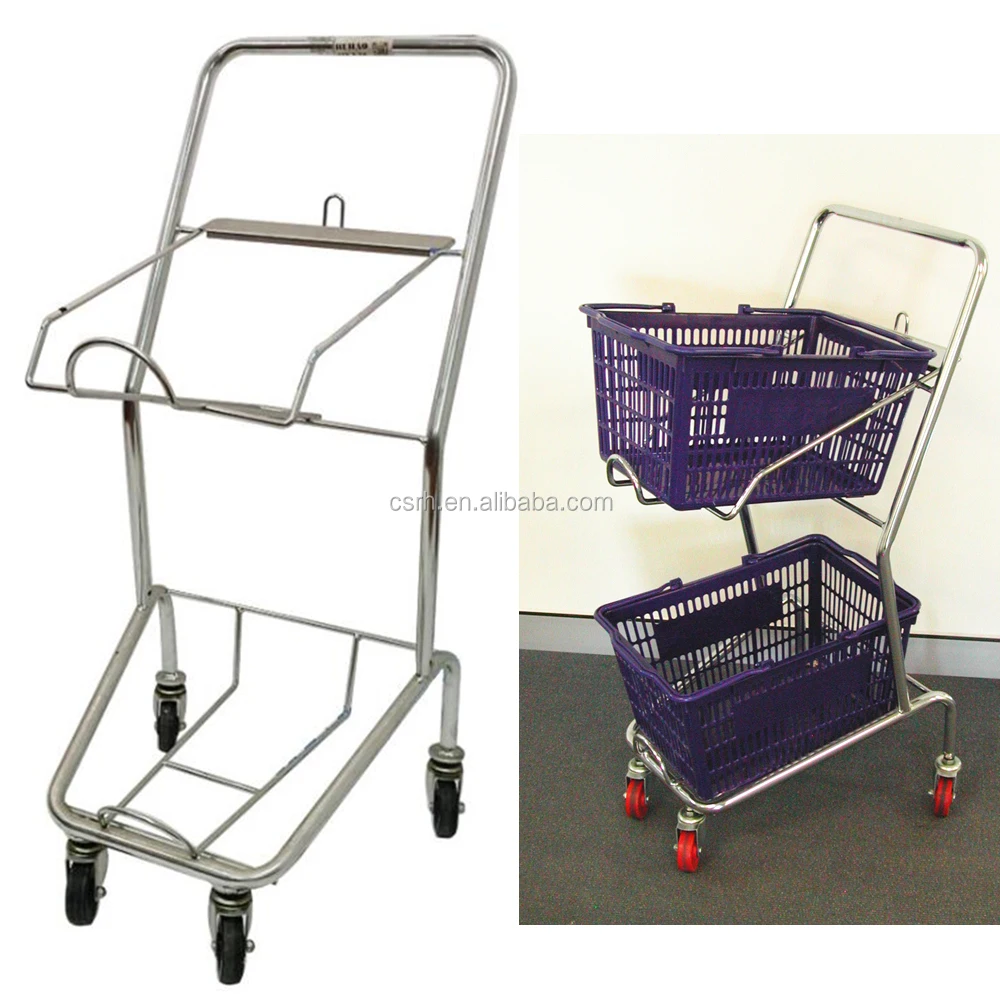 RH-SDB01-Z 550*450*960mm Sliver Color Double Layers Shopping Basket Holder Trolley