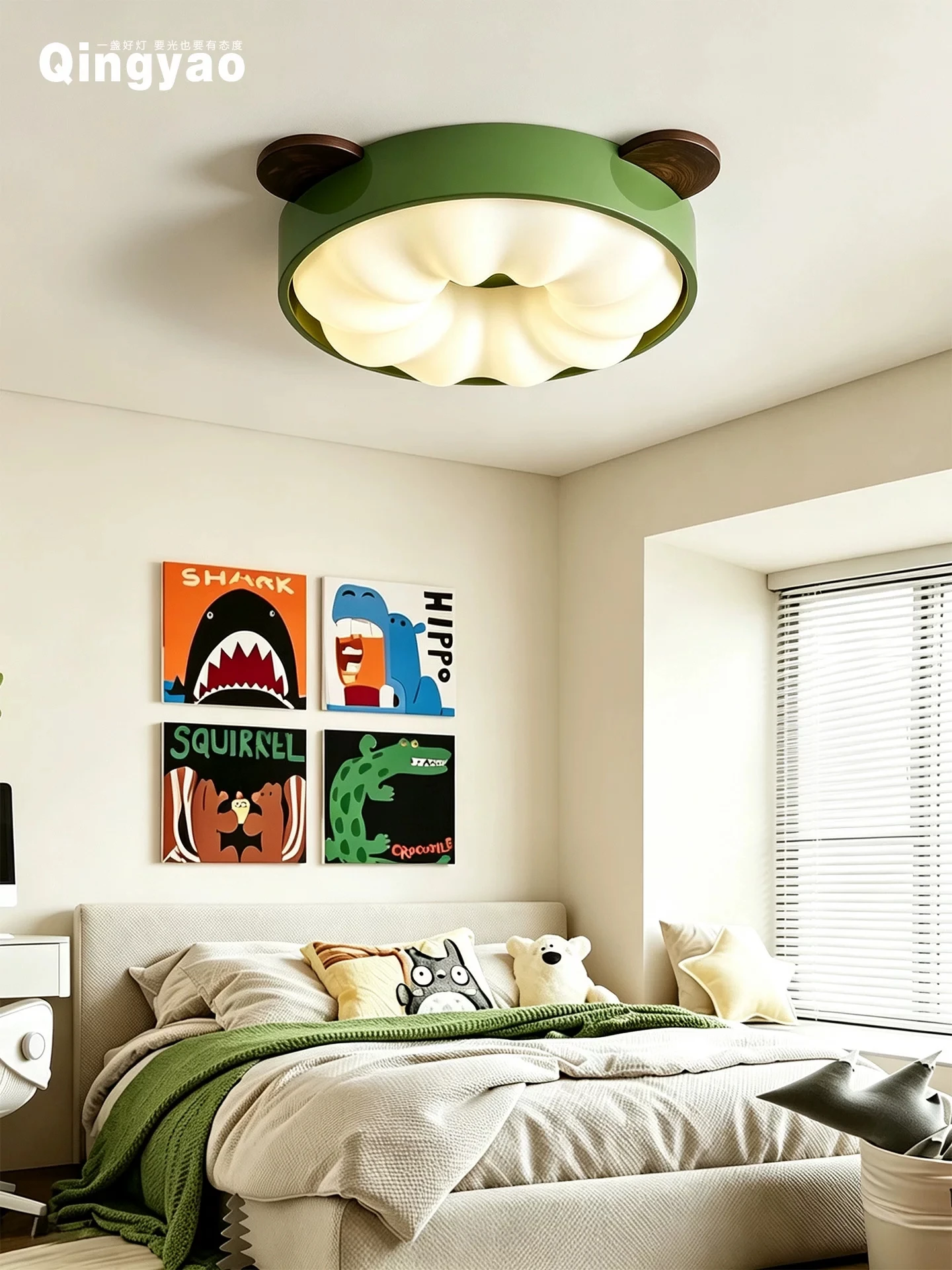 Creative design of cream style bedroom ceiling light cartoon panda ear and eye protection children's room lighting fixture