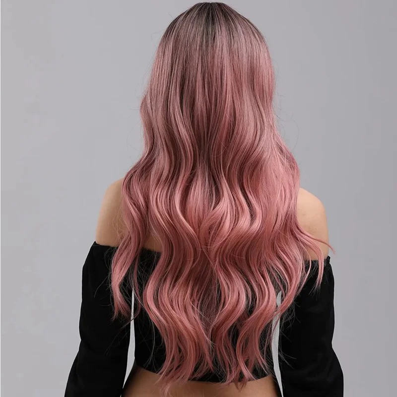 Long Ombre Pink Wig with Bangs Heat Resistant Synthetic Wavy Wig For Women,Natural Hair Wig for Cosplay Daily Party 26 Inch