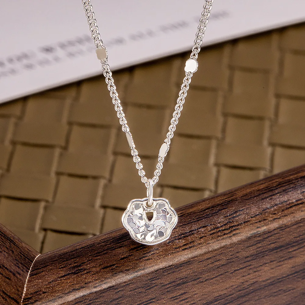 PANJBJ 925 Sterling Silver Necklace Texture Lucky Lock for Women Irregular Design Hollow Out Pendant Jewelry Gift Dropshipping