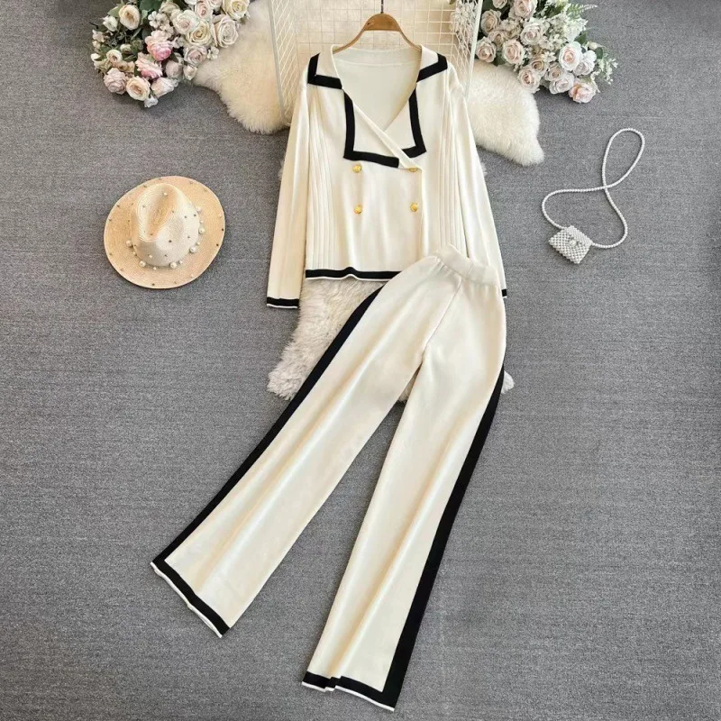 Long-sleeved Suit Wide Leg Pants V-neck Knit Cardigan High Waist Straight Leg Women Womenswear Design Tops Double Breasted