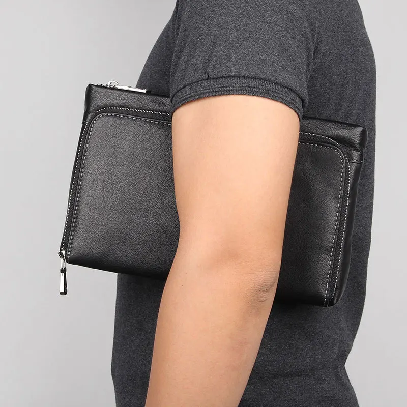 Men Genuine Leather Envelope Clutch, Cowhide Multifunctional Zipper Large Capacity Business Wrist Bag
