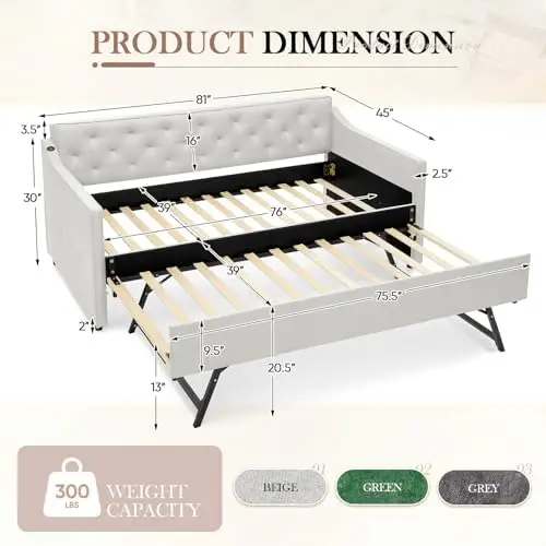 Daybed with Pop up Trundle, Fabric Upholstered Twin Size Day Bed Pull-Point Sofa Daybed Frame w/Twin Roll-Out