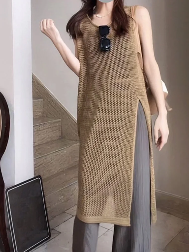 

Новые повседневные тонкие женские свитера с длинными рукавами, солнцезащитная рубашка, модные сексуальные пуловеры с разрезом, вязаное длинное платье-свитер