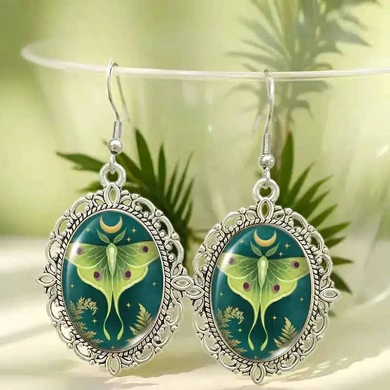 Vintage Luna Moth Glass Drop Earrings Celestial Moon Oval Jewelry For Women Girls Gothic Nature Lover Gifts Bohemian Accessories