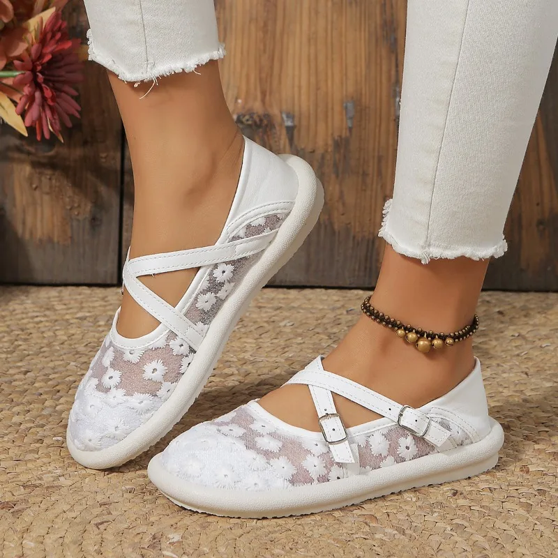 Mesh Basic Flats Round Toe Spring/autumn 2024 High Quality Ladies Shoes Slip-on Flower Concise Flats Sapatos Baixos Femininos