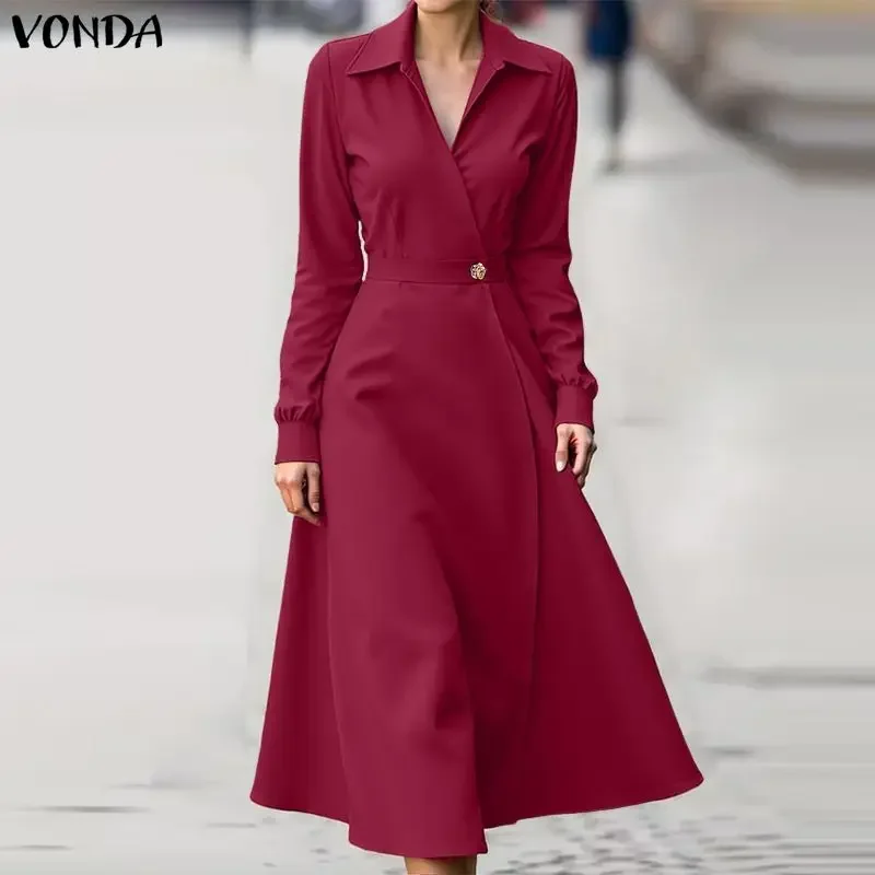 VONDA Elegant Party Dresses Women Long Sleeve Lapel Solid Midi Vestidos 2026 Autumn Spring Buttons Fashion Robe Plus Size 5XL 4