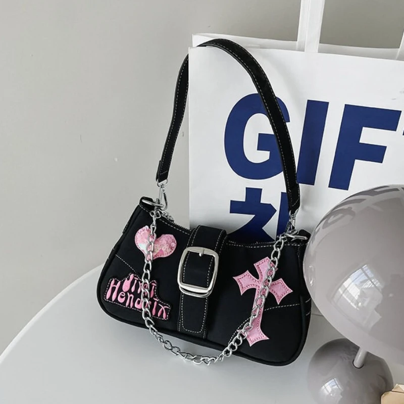 Y2K Gothic Underarm Bag, Pink Cross Heart, Metal Buckle Chain, Retro Street Zipper Handbag, Trendy Daily Shoulder Purse for Girl