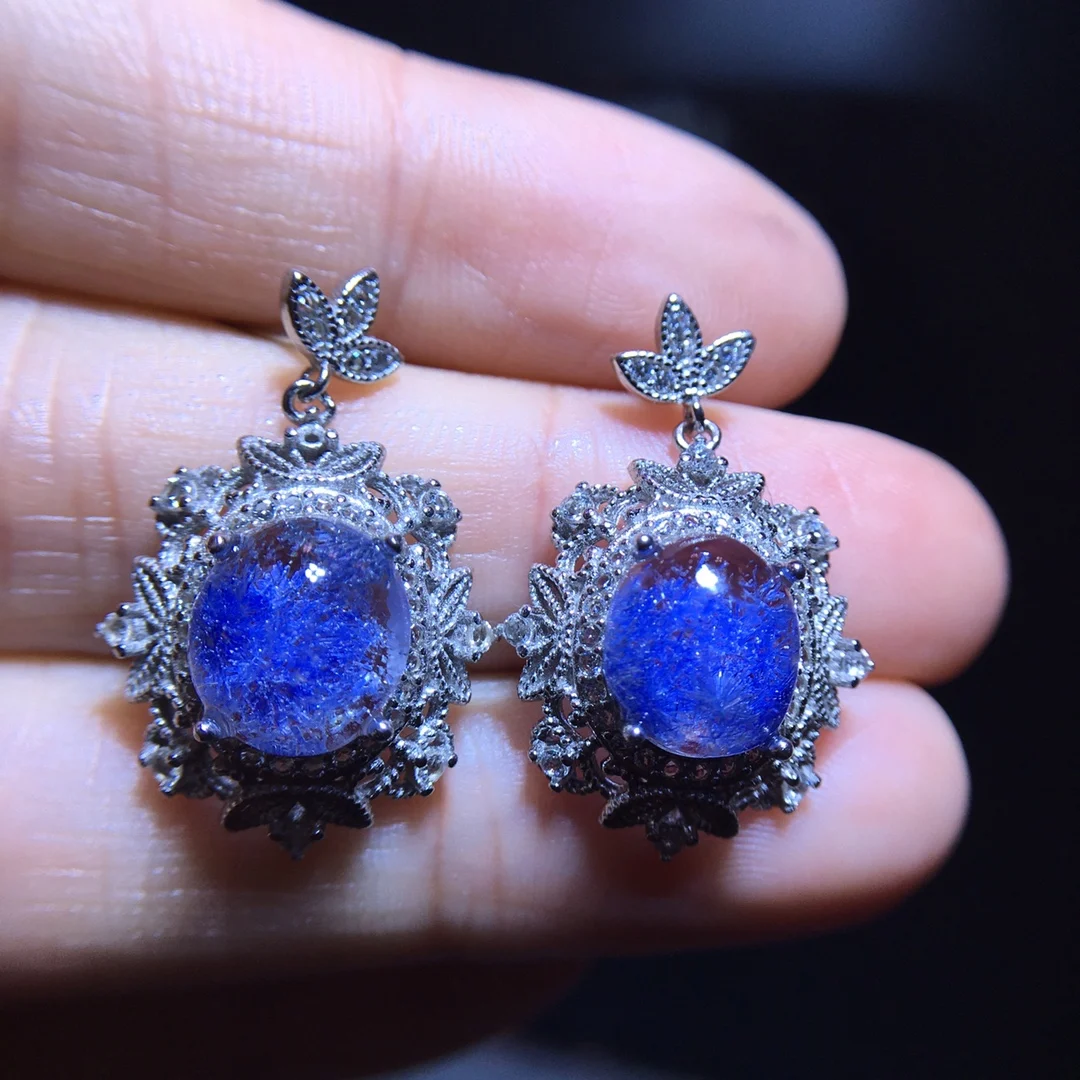 

Natural Blue Rutilated Dumortierite Earrings Women Men Fashion Women 10/8.8mm Sterling Fashion Earring AAAAA
