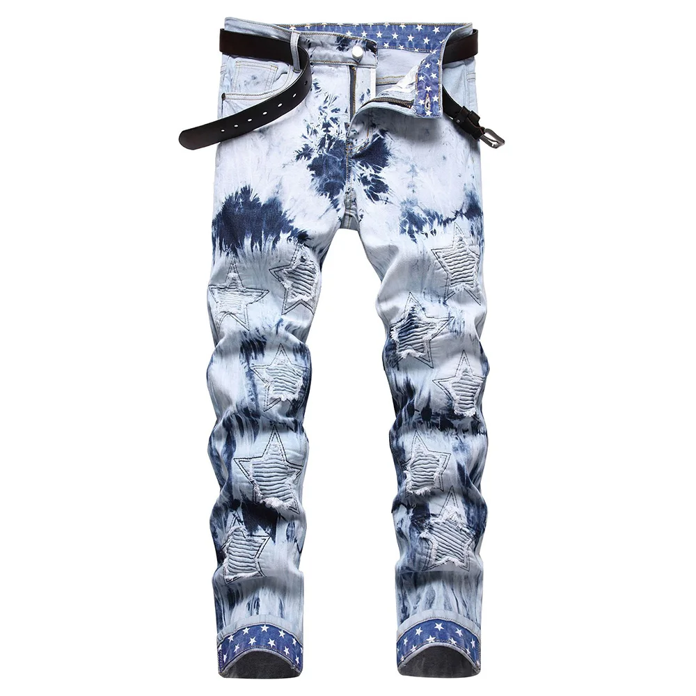 

Men Pleated Stars Patch Jeans Tie and Dye Stretch Denim Pants Streetwear Printed Hem Slim Straight Trousers