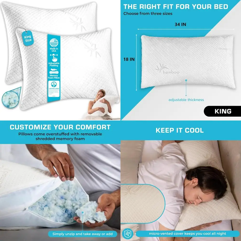 

USA-Made GreenGuard Gold Certified Memory Foam Pillows - Adjustable King Size for Sleep, 2-Pack