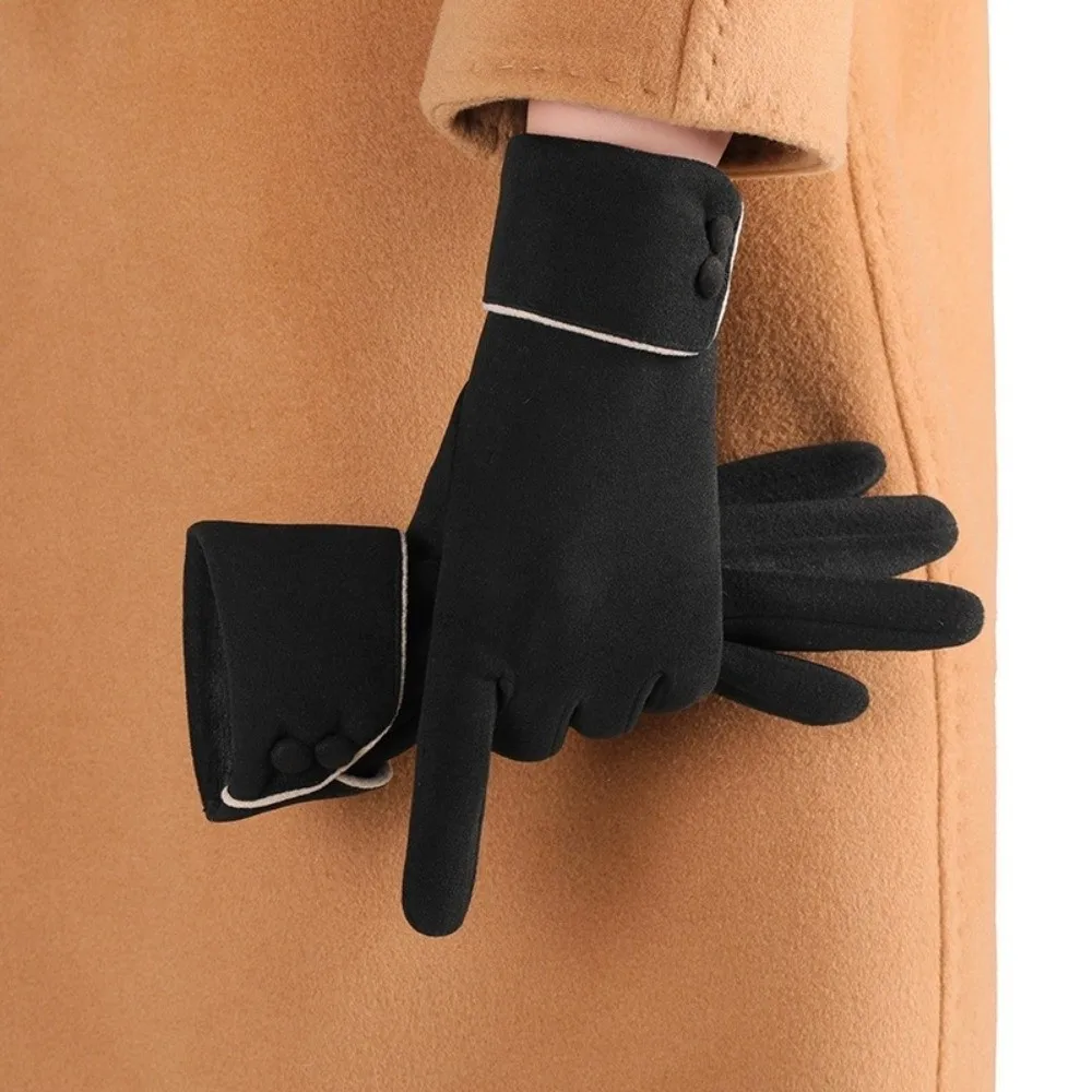 Retro Button Winter Gloves Fleece Touchscreen Women Gloves Fleece-Lined Warm Cycling Mittens Driving