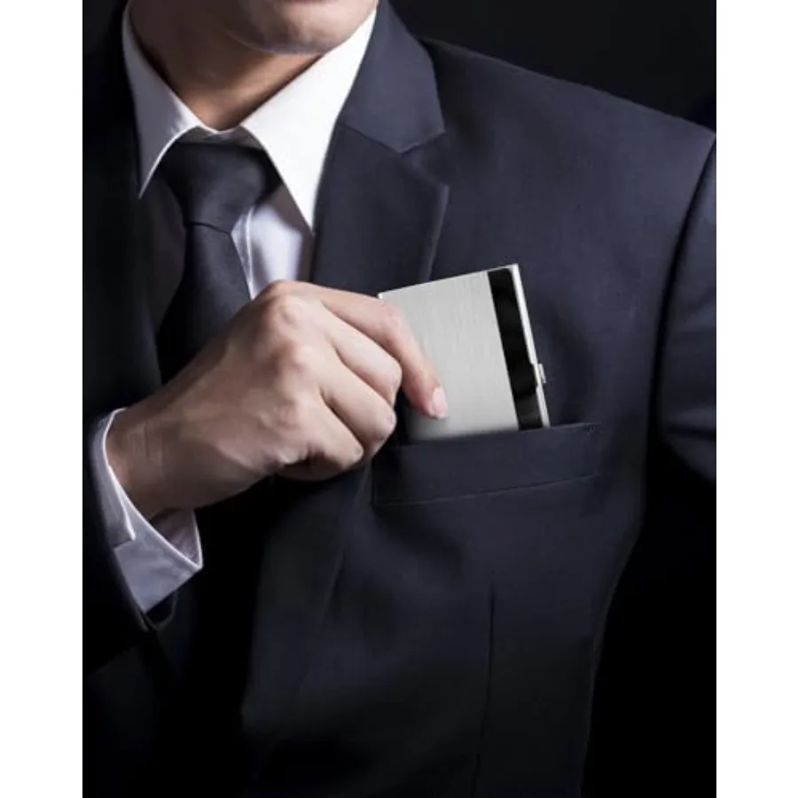 Stainless Steel Business Card Holder, Slim Card Case, Silver Mirror Soft Interior Lining, Buckle Closure, Fits Standard Busines
