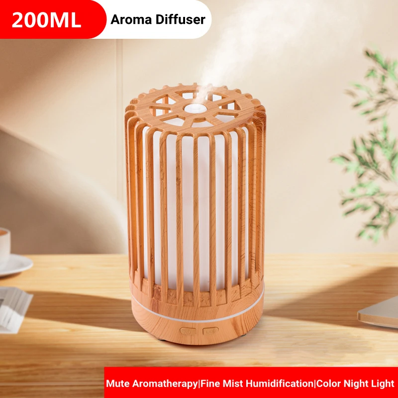 200ml Remote Control Wood Grain Essential Oil Diffuser USB Air Humidifier with 7 Color LED Light Home Ultrasonic Aroma Diffuser