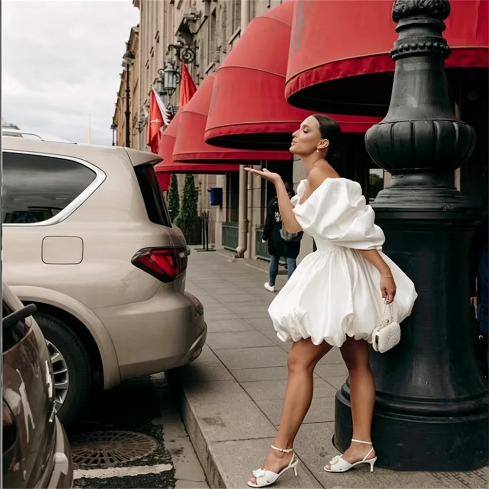 Off Shoulder Puff Sleeve Satin Mini Wedding Dress Bubble Skirt Bridal Gowns Short Reception Elopement Bride Party Dresses Custom