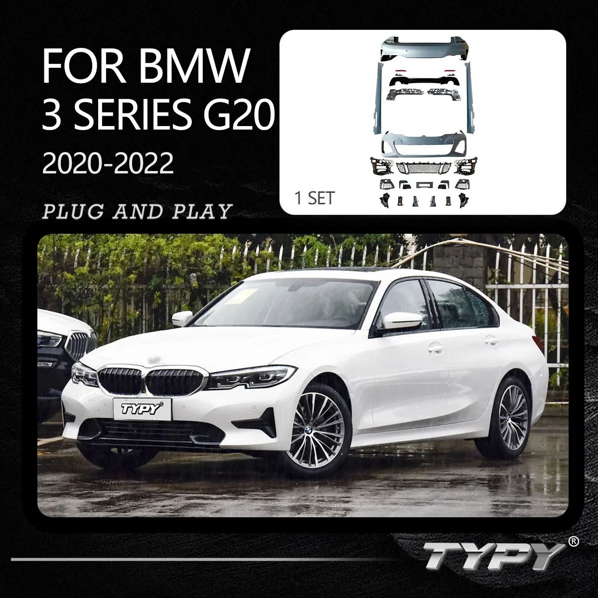 

Комплект кузова TYPY включает передний и задний бампер с решеткой и боковой юбкой для BMW 3 серии G20 G28 2020-2022, обновление до стиля 340D