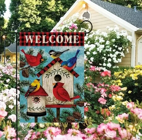 Welcome Spring Bird & Flower Double Sided Linen Outdoor Garden Flag HHJ LLG