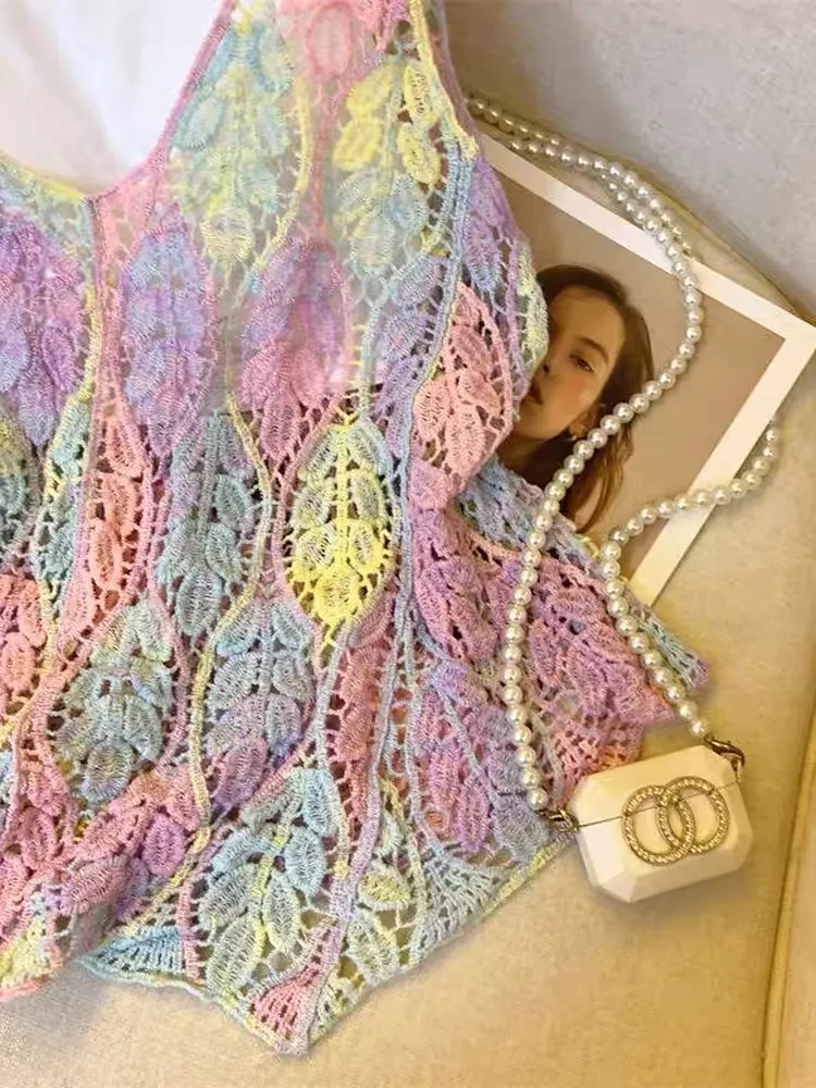 Blusa de chiffon com renda em bloco de cores retrô, vazada, soltinha, emaecedora, com proteção solar, estilo casual para o ...