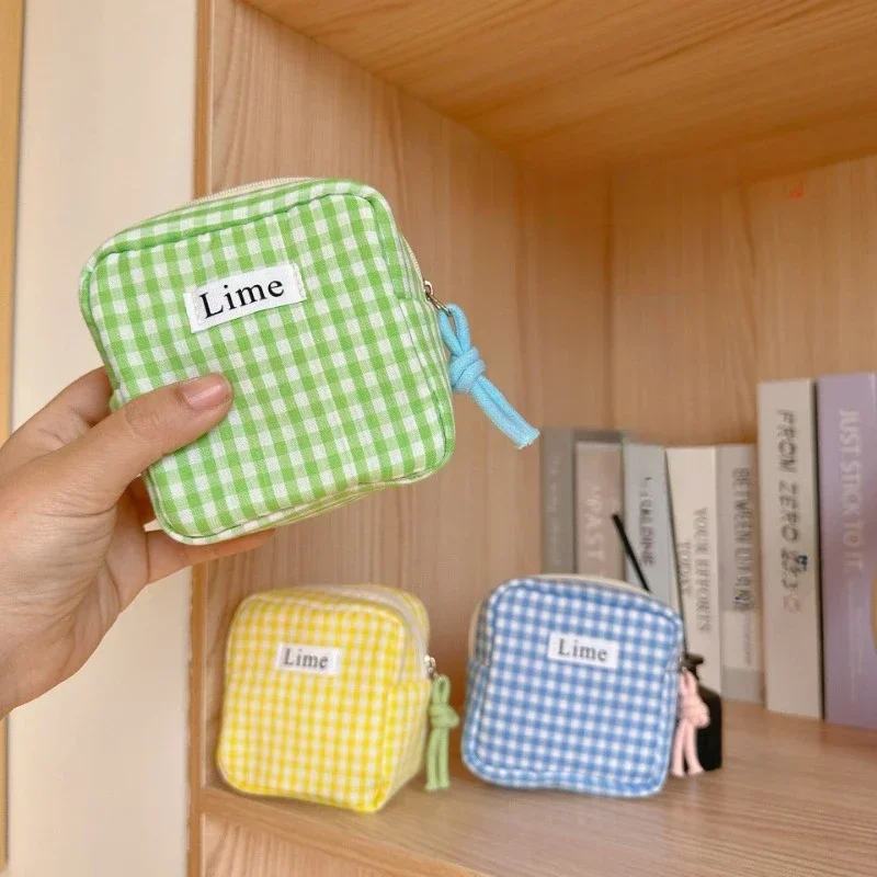 Square Plaid Cotton Storage Bags Sanitary Napkins Oganzier Pouch Bags Students Portable ID Credit Keys Toiletry Storage Bags