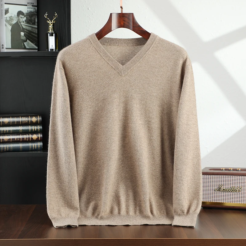 Autumn and Winter New Collection (100% Cashmere) Men's Casual V-neck Solid Color Casual Sweater for Men