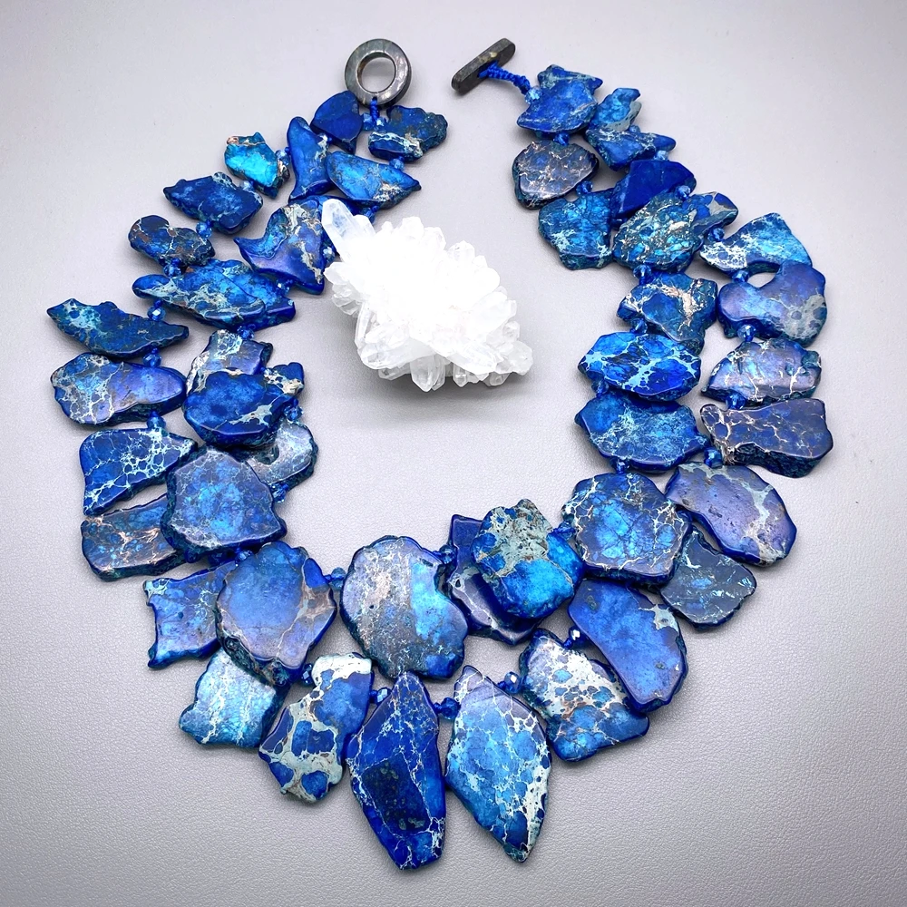 YYGEM 2 Strands Deep Blue Imperial Jasper Large-Scale Statement Necklace Style Fashion Jewelry