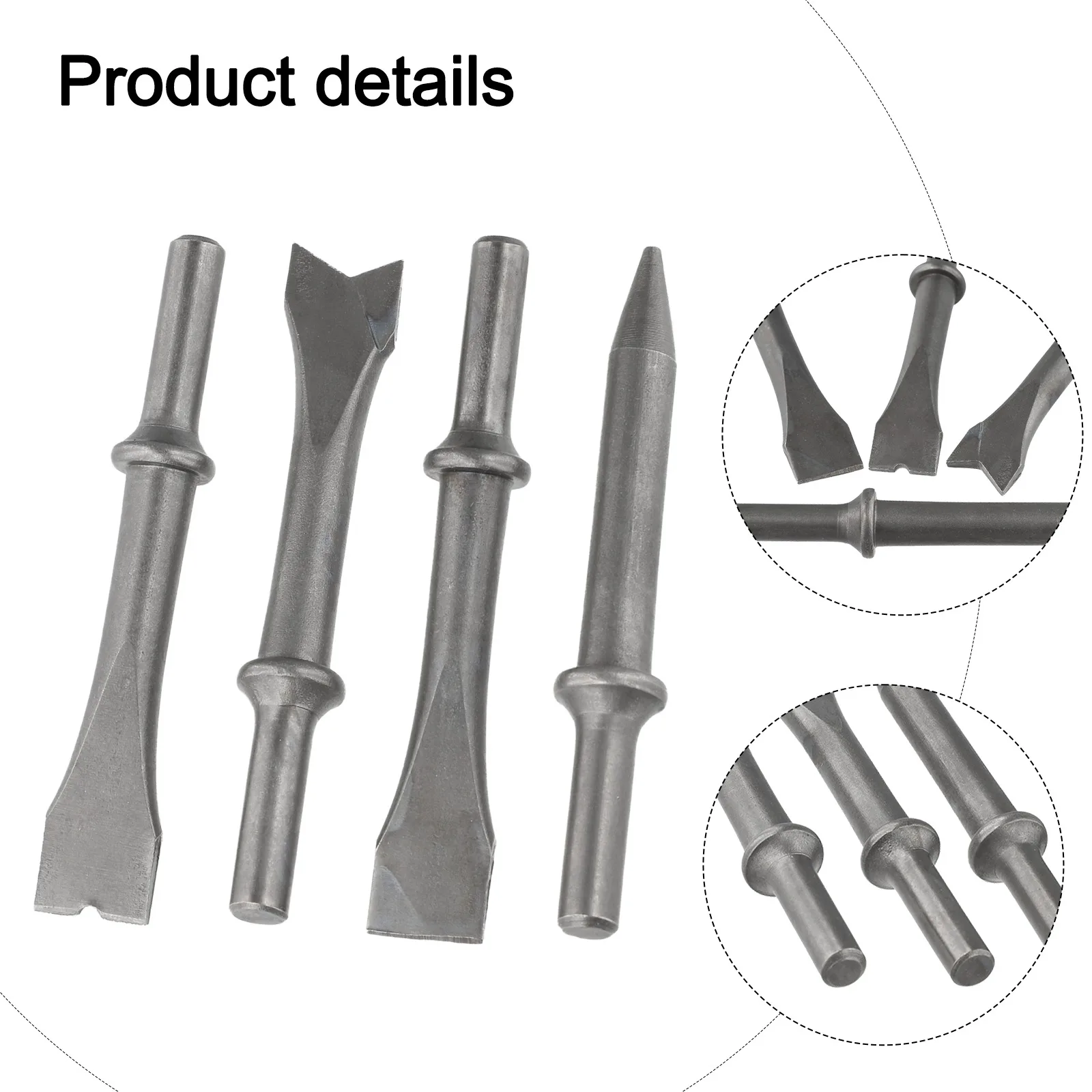 

Set of four air chisel heads designed specifically to work efficiently with the model number one hundred fifty gas shovels