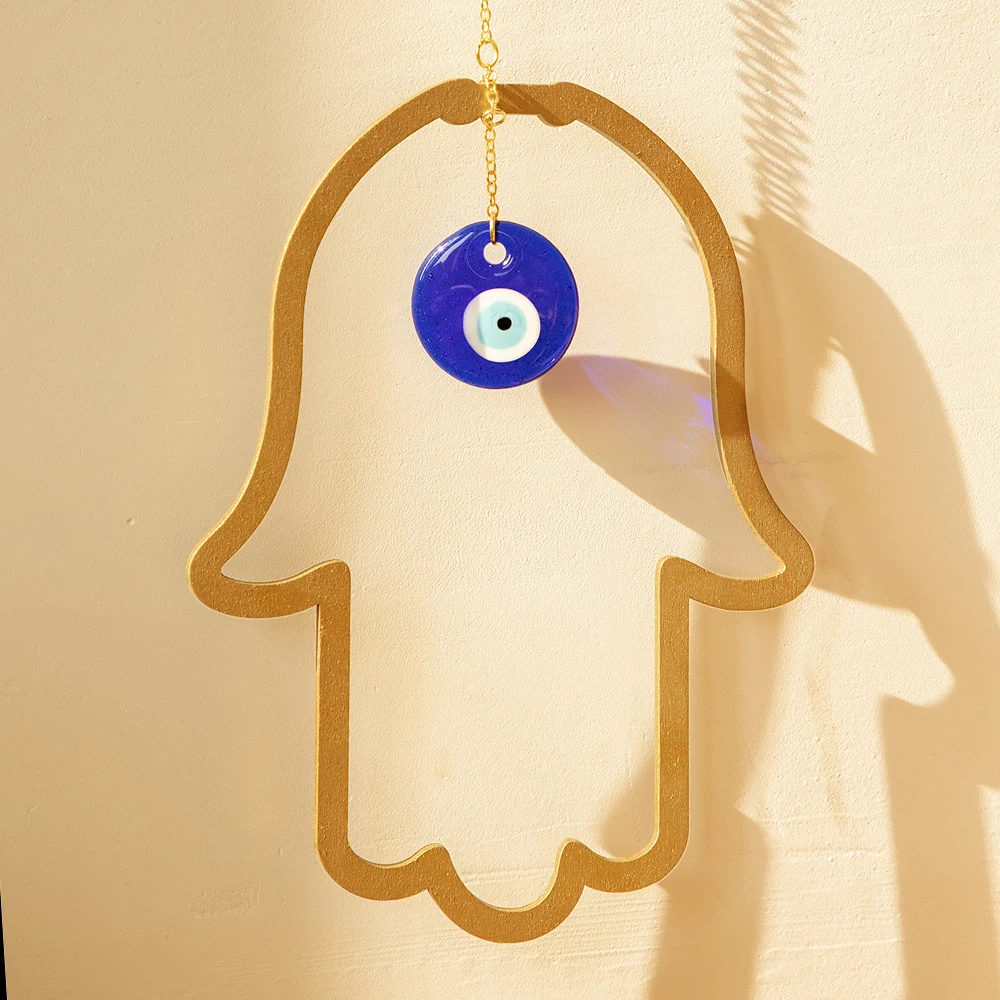 Wood Hamsa Hand Evil Eye Wall Hanging Ornament Turkish Blue Eye Amulet Protection Good Luck Room Home Blessing Hamsa Decor Gift