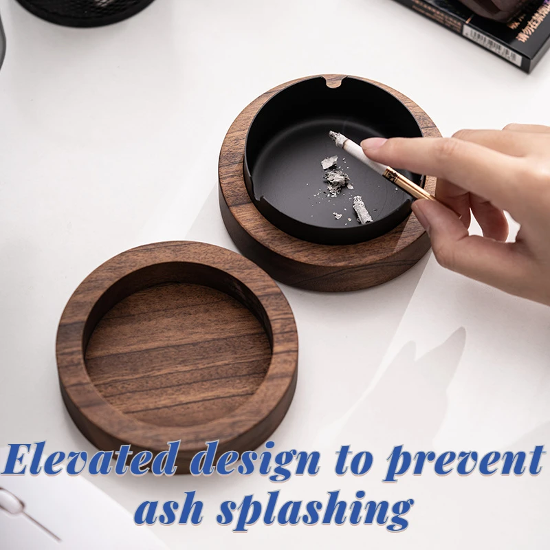 Stainless Steel Ashtray Household Living Room with Cover Solid Wood Ashtray Fly Ash Office Wood Cover Gold Smoke Cup Gift