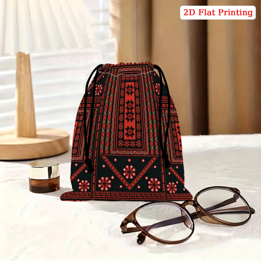 1Pc Ethnic Style Drawstring Bag Red And Black Geometric Pattern Storage Small Pouch For Travel Cosmetics Glasses Organizer Porta