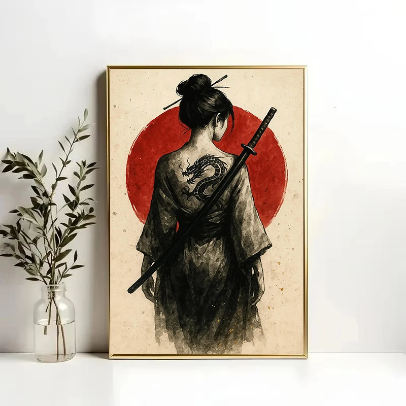 Vintage Japanese Geisha with Tattoo Dragon Poster Canvas Painting Print Wall Art Picture for Living Room Home Decor Cuadros