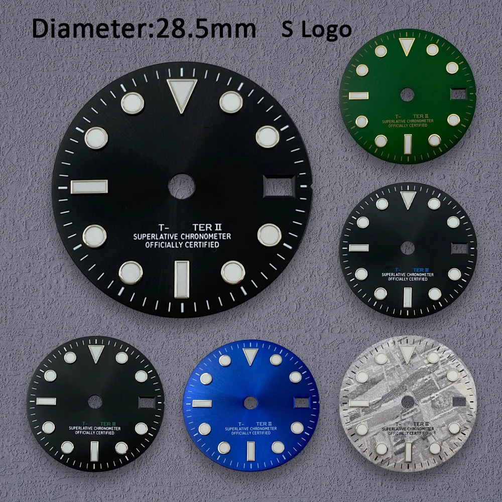 28.5mm S Logo GMT Meteorite Dial Suitable for NH34 Movement Ice Blue Luminous High-Quality Watch Modification Accessories