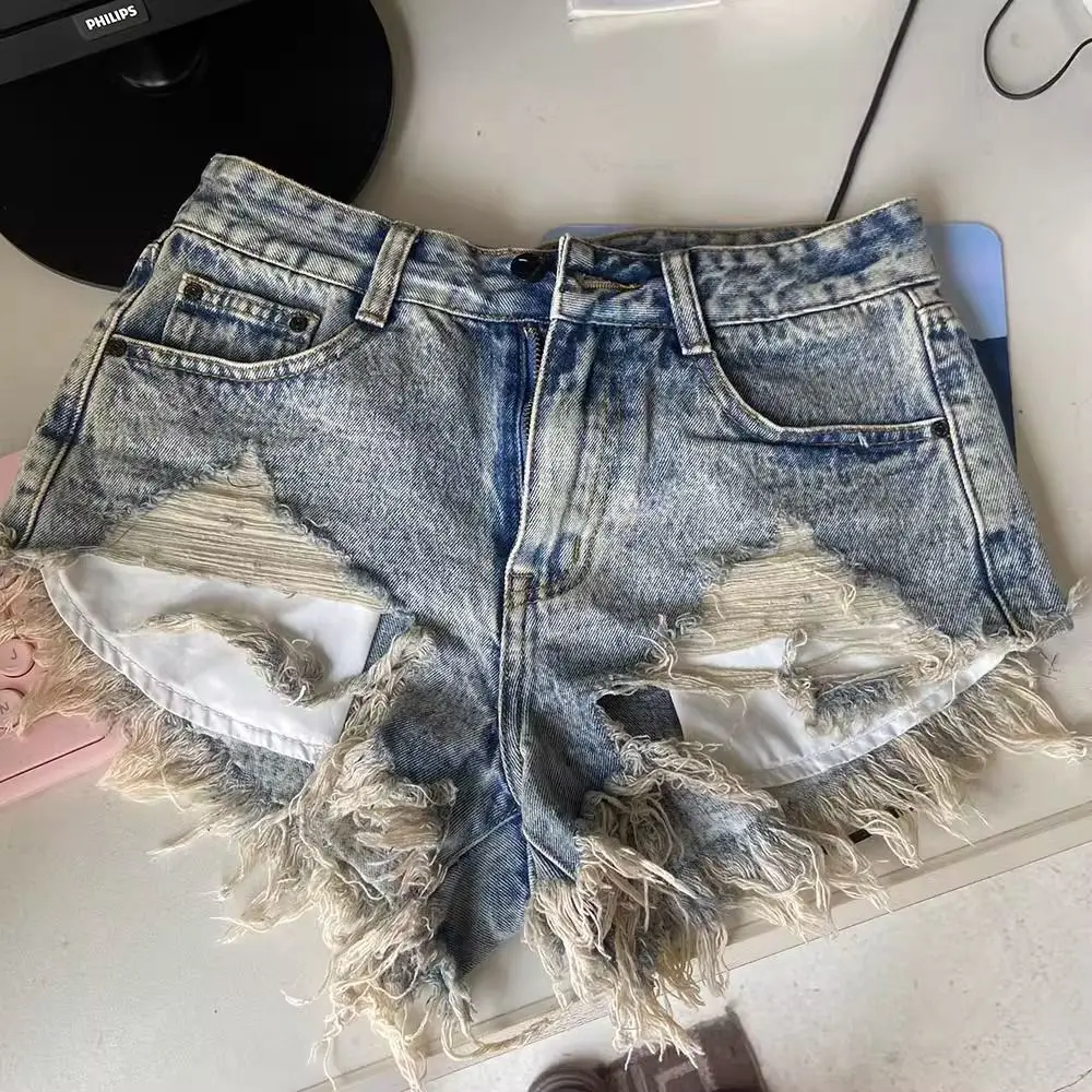 Shorts Jeans Women Low Waist Worn Out Irregular Tassel Pocket Exposed Snowflakes Slim Denim Shorts Female 2024 New Summer.