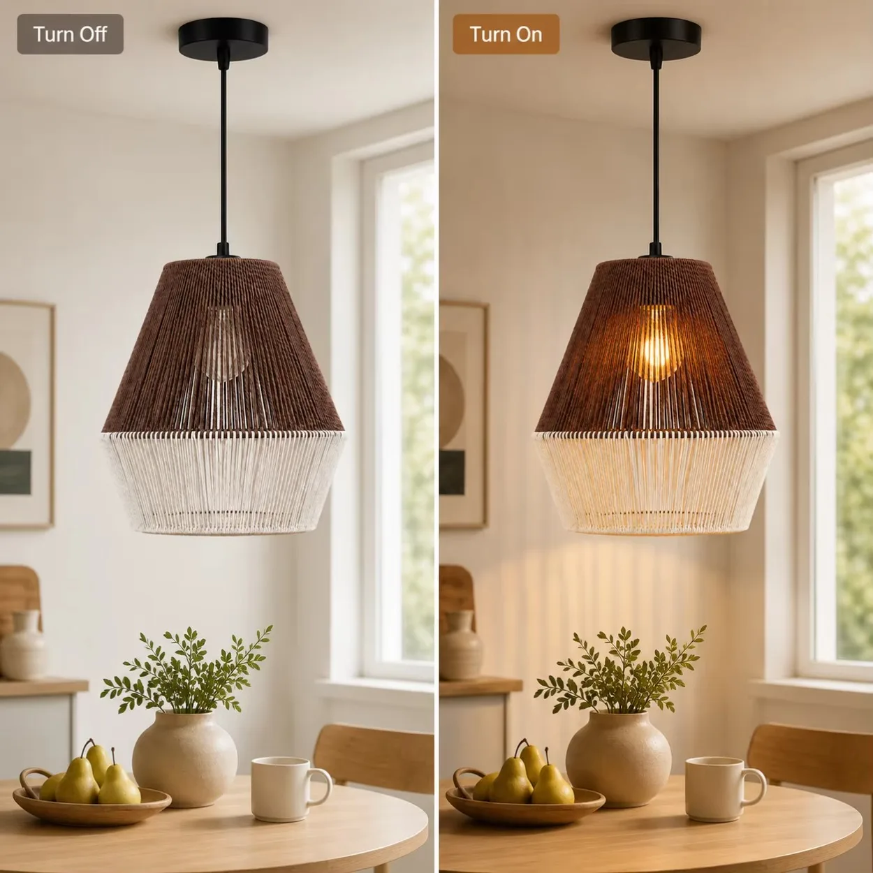 JOYINLED 2-Tone Paper Rope Chandelier Boho Handwoven Rattan Pendant Light E27 Vintage Ceiling Hanging Lamp Fixture for Kitchen