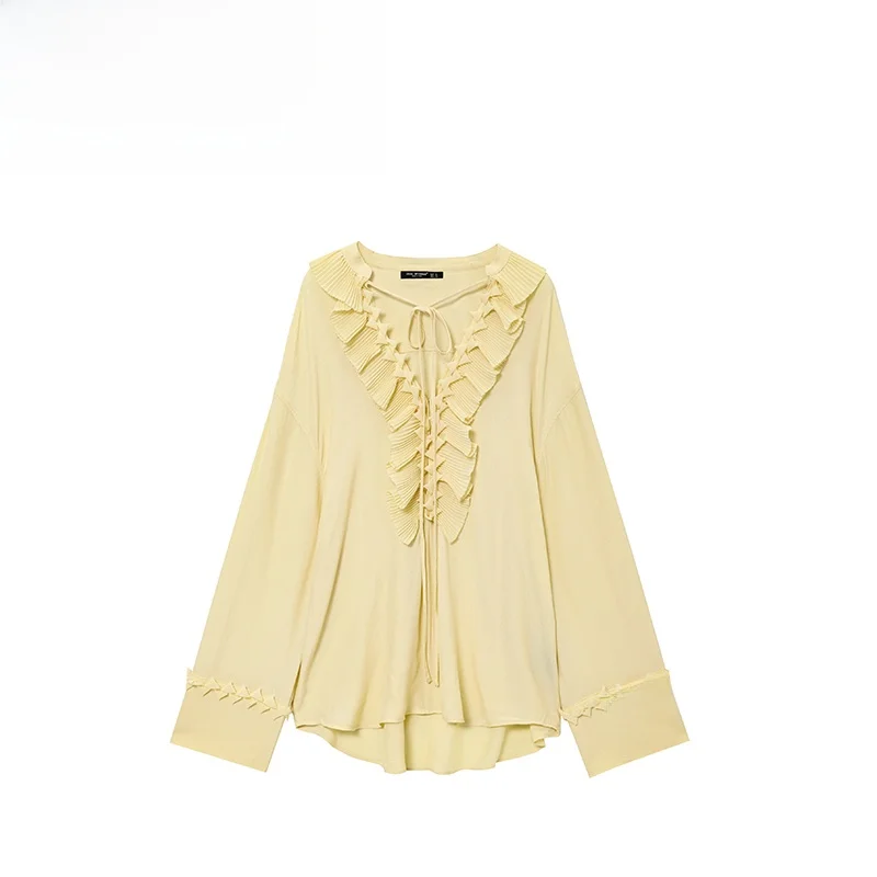 

ZBZA Spring New Women's Loose Long Sve V-Ne Faion Design Midi Dr irt Casual Comfortable Polyester Fiber